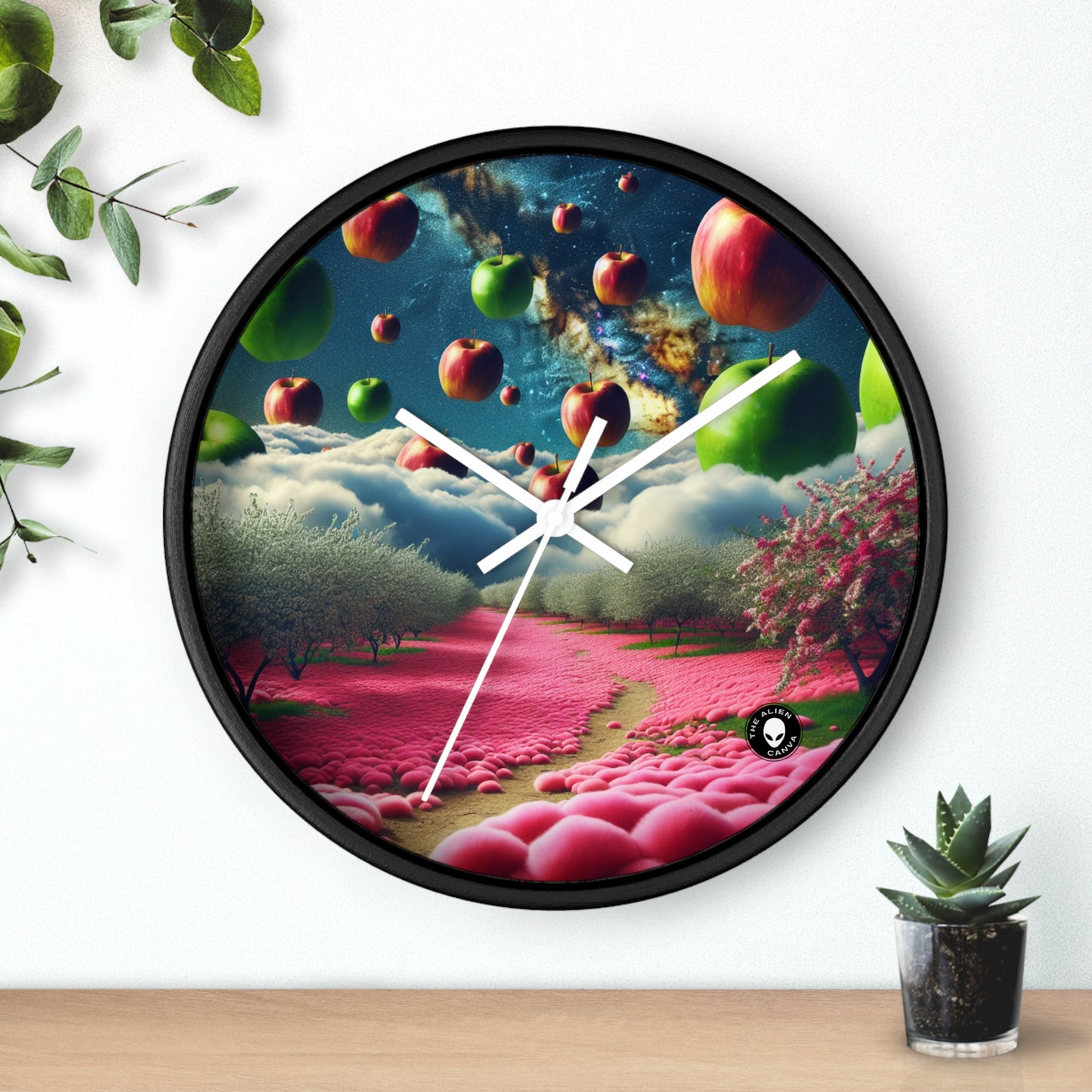 "Cielo de manzana y alfombra de flores rosas: un paisaje surrealista" - El reloj de pared alienígena