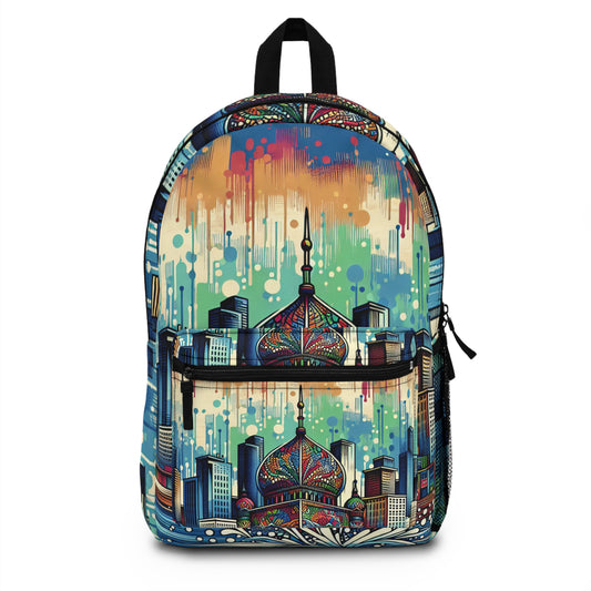 "Bright City: A Pop of Color on the Skyline" - The Alien Backpack Street Art / Graffiti Style