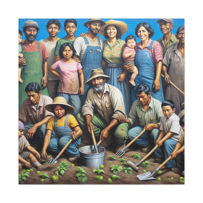 "Reaping Hope: A Migrant Family in the Garden" - The Alien Canva Social Realism Style