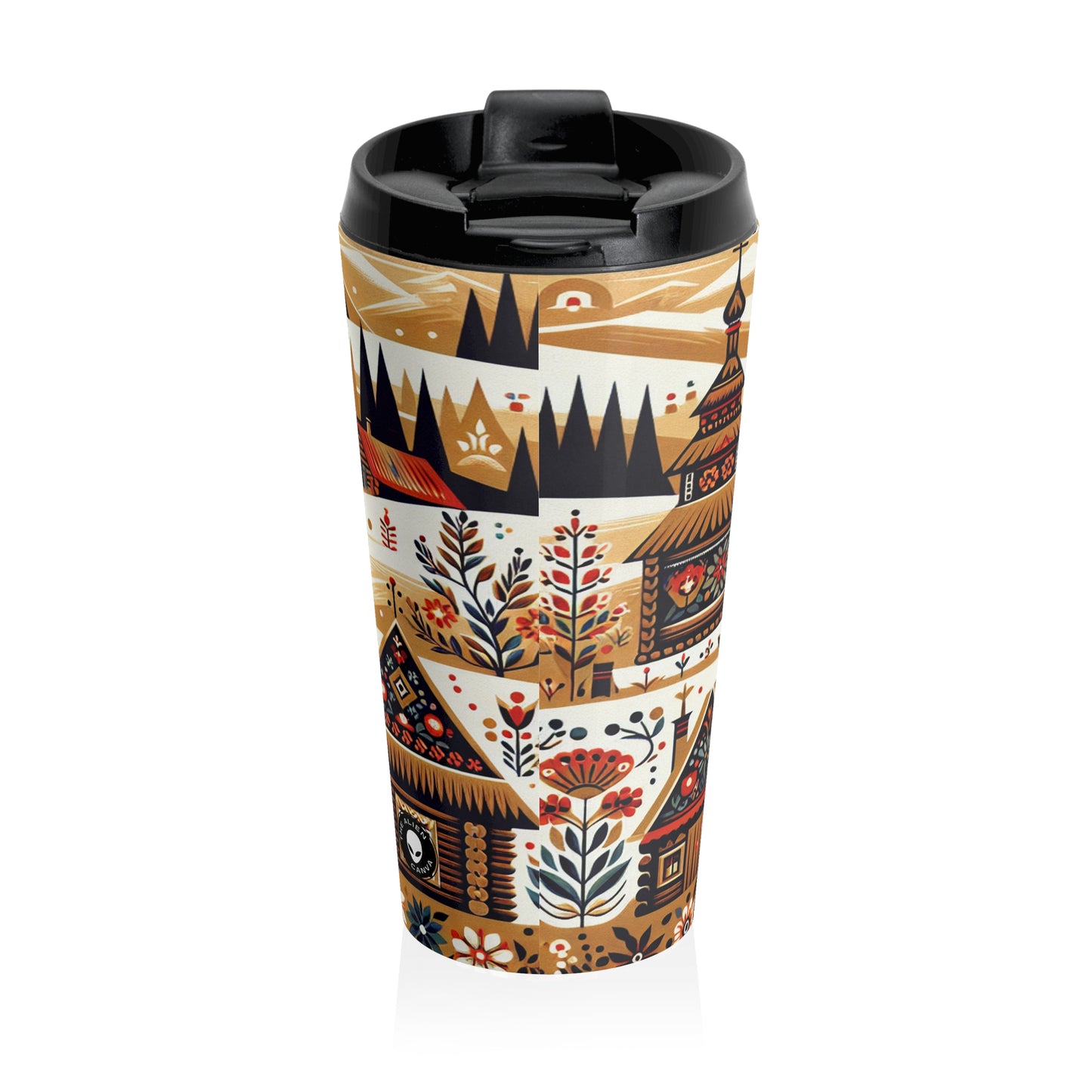 "Ukrainian Village Symphony: A Colorful Folk Art Reflection" - The Alien Stainless Steel Travel Mug Folk Art