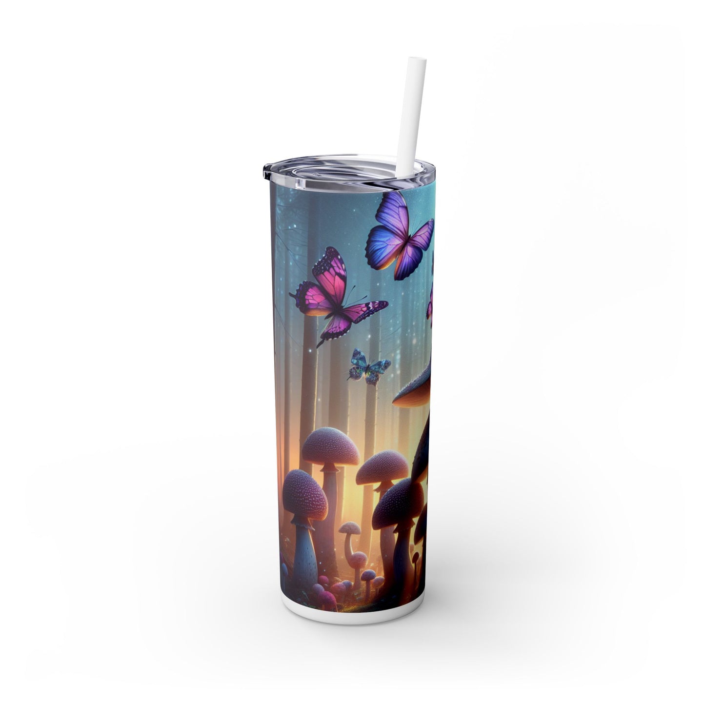 "Bosque crepuscular: mariposas revoloteando y hongos imponentes" - Vaso delgado con pajita de 20 oz de Alien Maars®