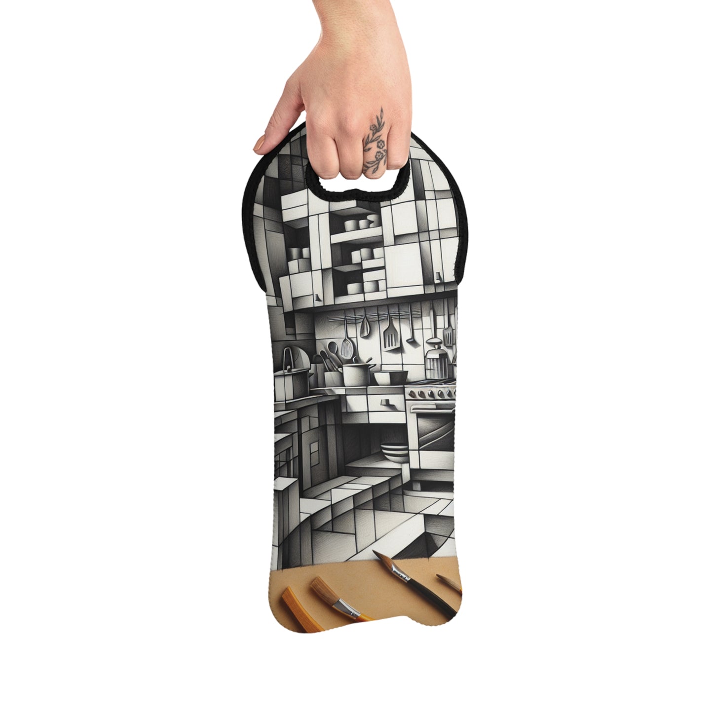 "Cubist Kitchen Collage" - The Alien Wine Tote Bag Cubism Style
