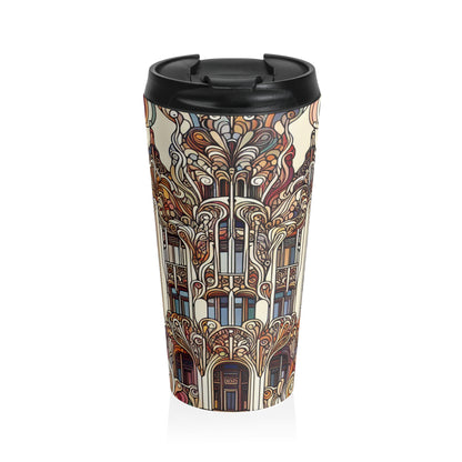 "Estaciones encantadas: Ilustración del bosque Art Nouveau" - Taza de viaje de acero inoxidable The Alien Art Nouveau