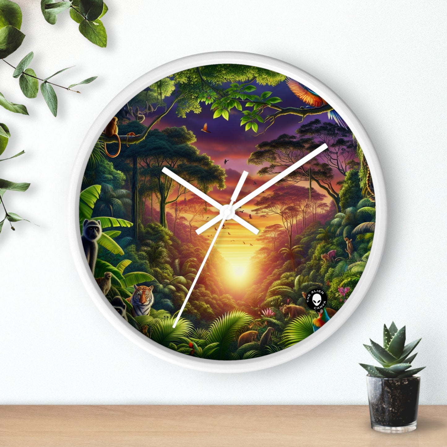 « Crépuscule dans la jungle : une rencontre sauvage » – L'horloge murale extraterrestre