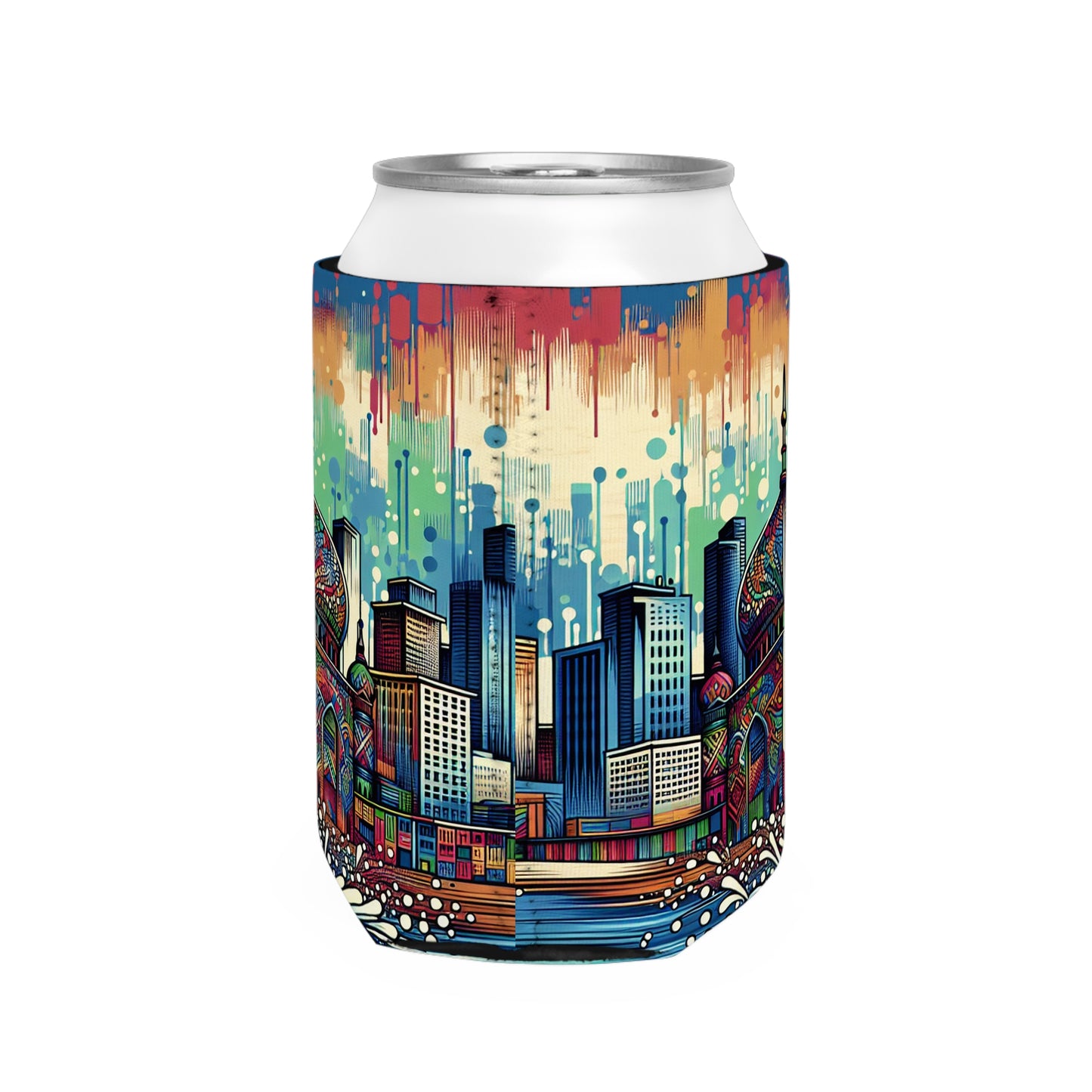 "Bright City: A Pop of Color on the Skyline" - The Alien Can Cooler Sleeve Street Art / Graffiti Style