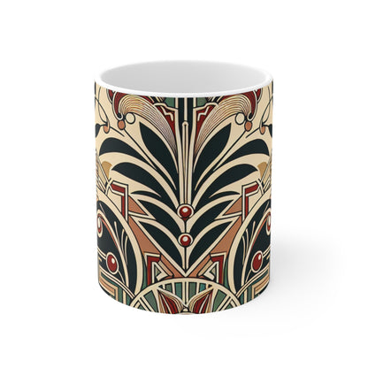 "Golden Glamour: Un dinámico paisaje urbano Art Déco al atardecer" - Taza de cerámica The Alien 11oz Art Deco