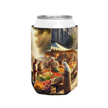 "Sunny Vibes at the Outdoor Market" - The Alien Can Cooler Sleeve Realism Style