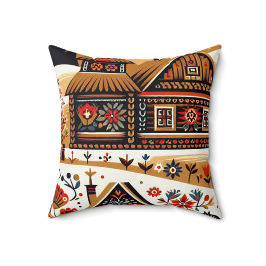 "Ukrainian Village Symphony: A Colorful Folk Art Reflection"- The Alien Spun Polyester Square Pillow Folk Art