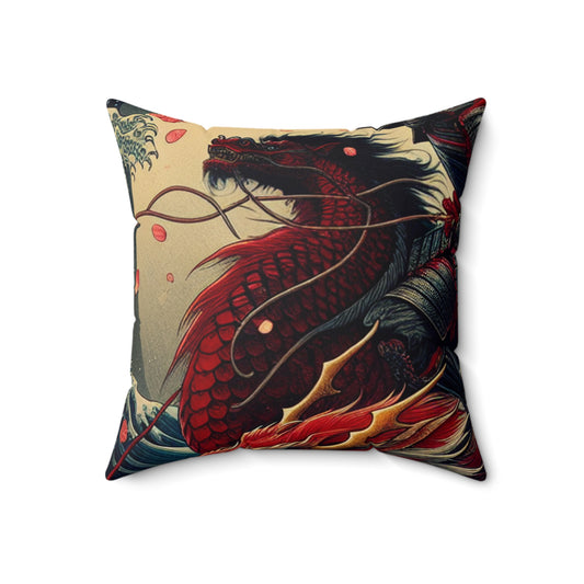 "Storming into Battle: A Samurai's Tale" - The Alien Spun Polyester Square Pillow Ukiyo-e (Japanese Woodblock Printing) Style