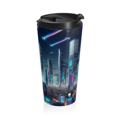 "Future Cityscape: A Skyline of Flying Cars and Neon Lights" - The Alien Stainless Steel Travel Mug