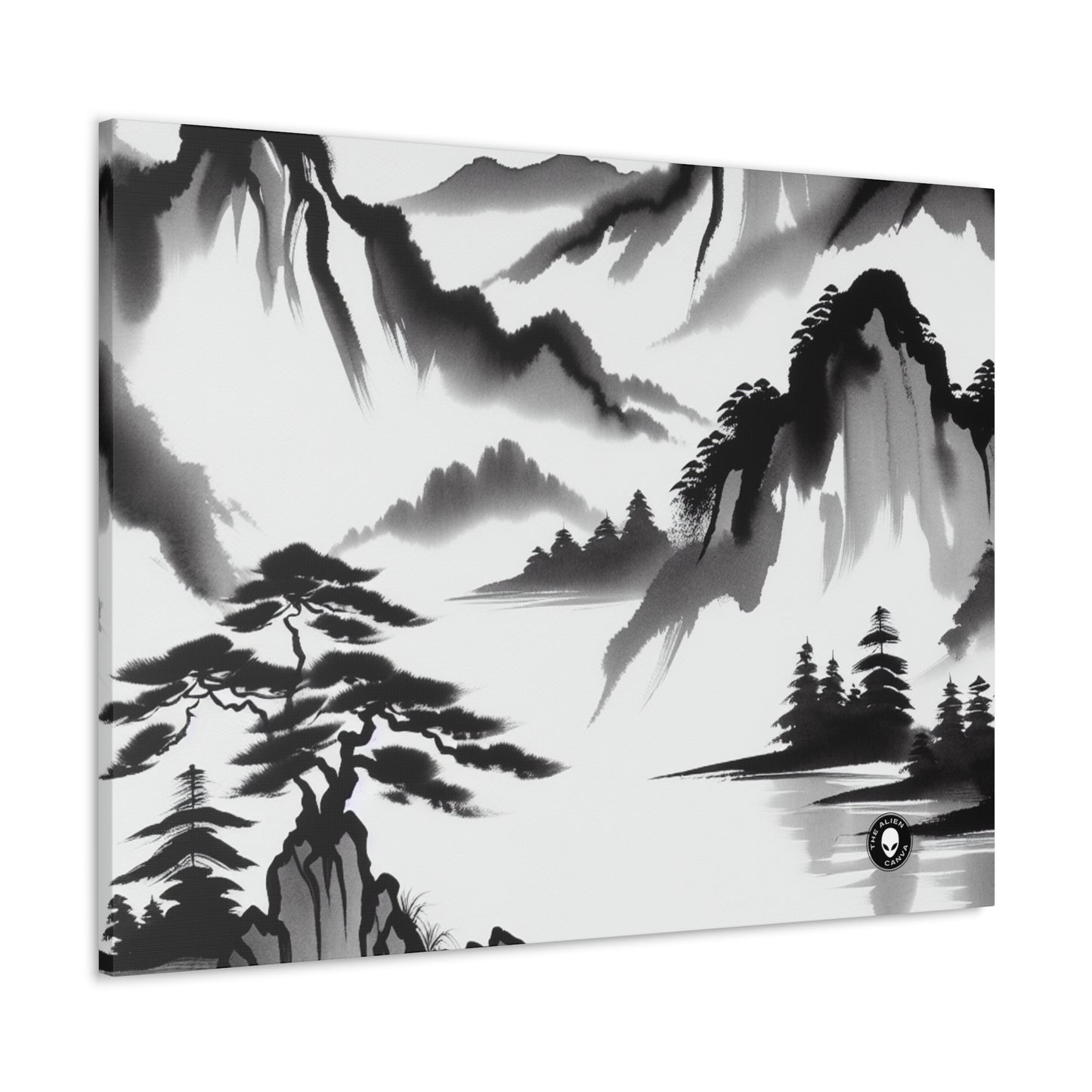 "Mountain Reflection: A Serene Zen Ink Painting" - The Alien Canva Zen Ink Painting