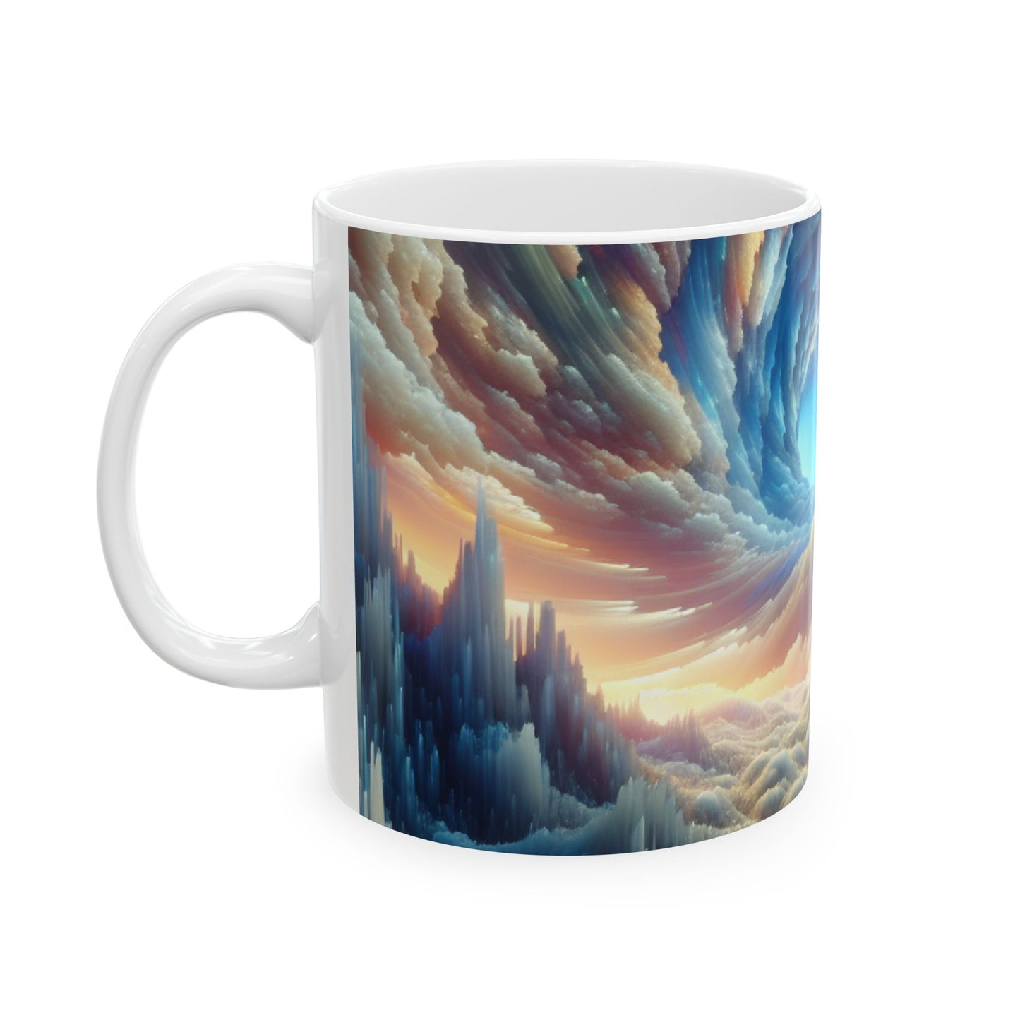 Picos de cristal y cielos coloridos: taza de cerámica extraterrestre de 11 oz