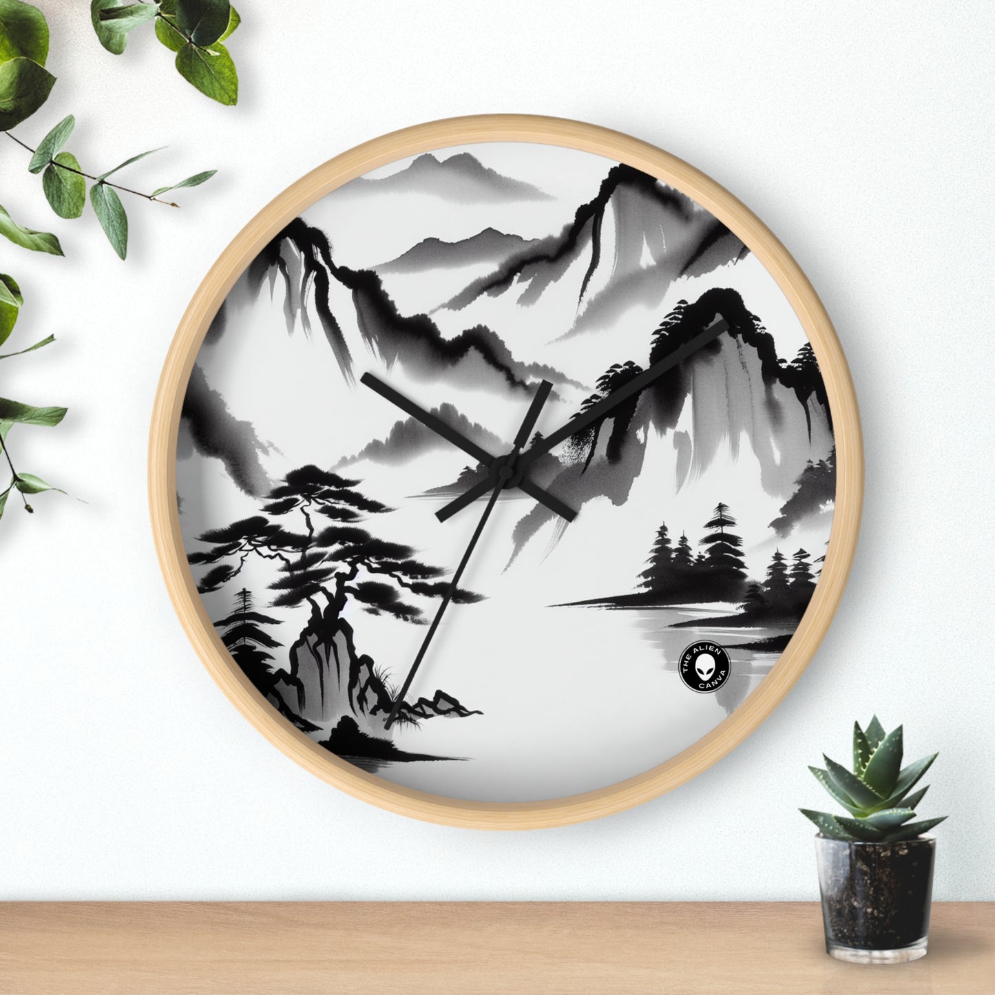 "Reflet de montagne : une peinture à l'encre zen sereine" - L'horloge murale Alien Peinture à l'encre Zen