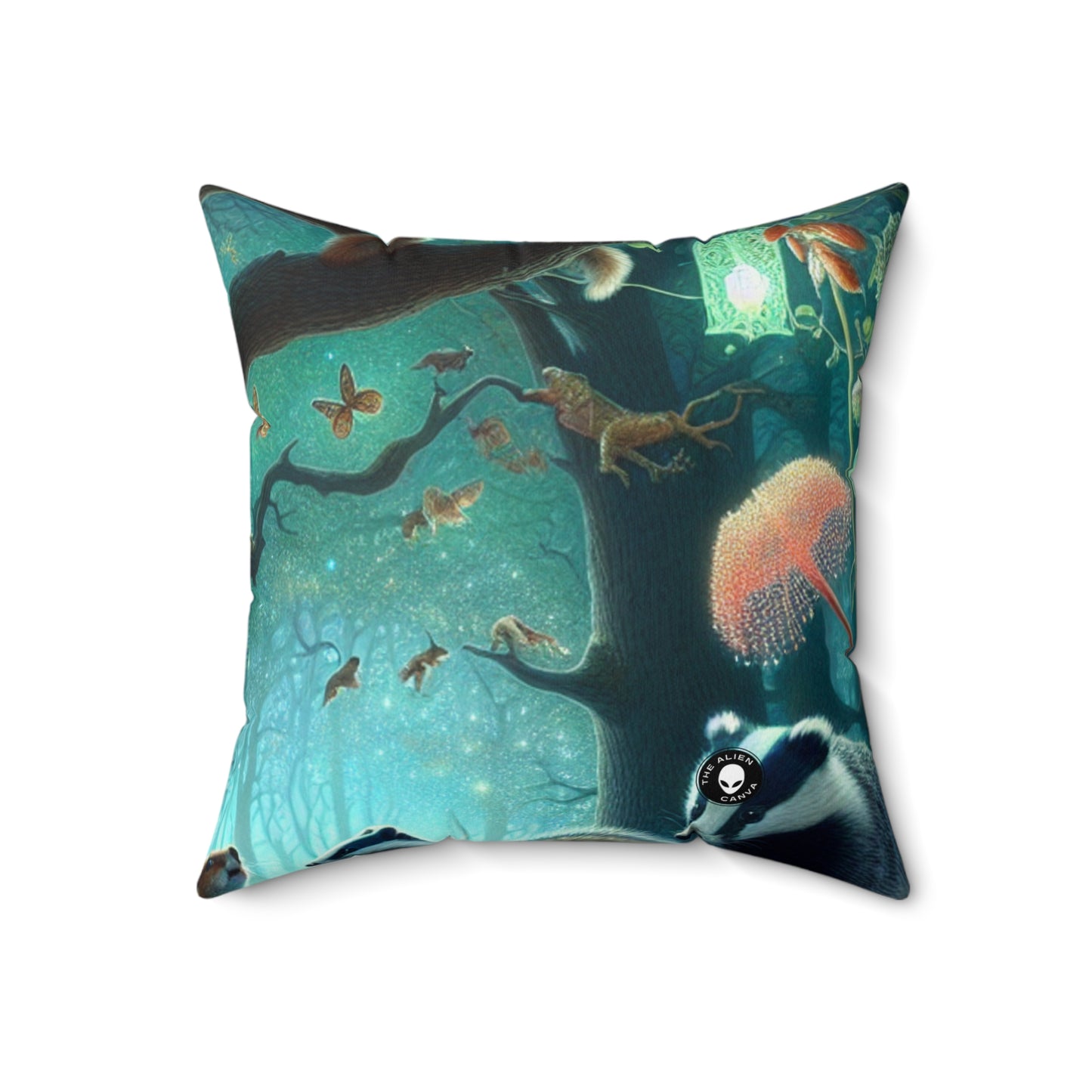 "Mystical Menagerie: Creatures frolicking in an enchanted forest"- The Alien Spun Polyester Square Pillow