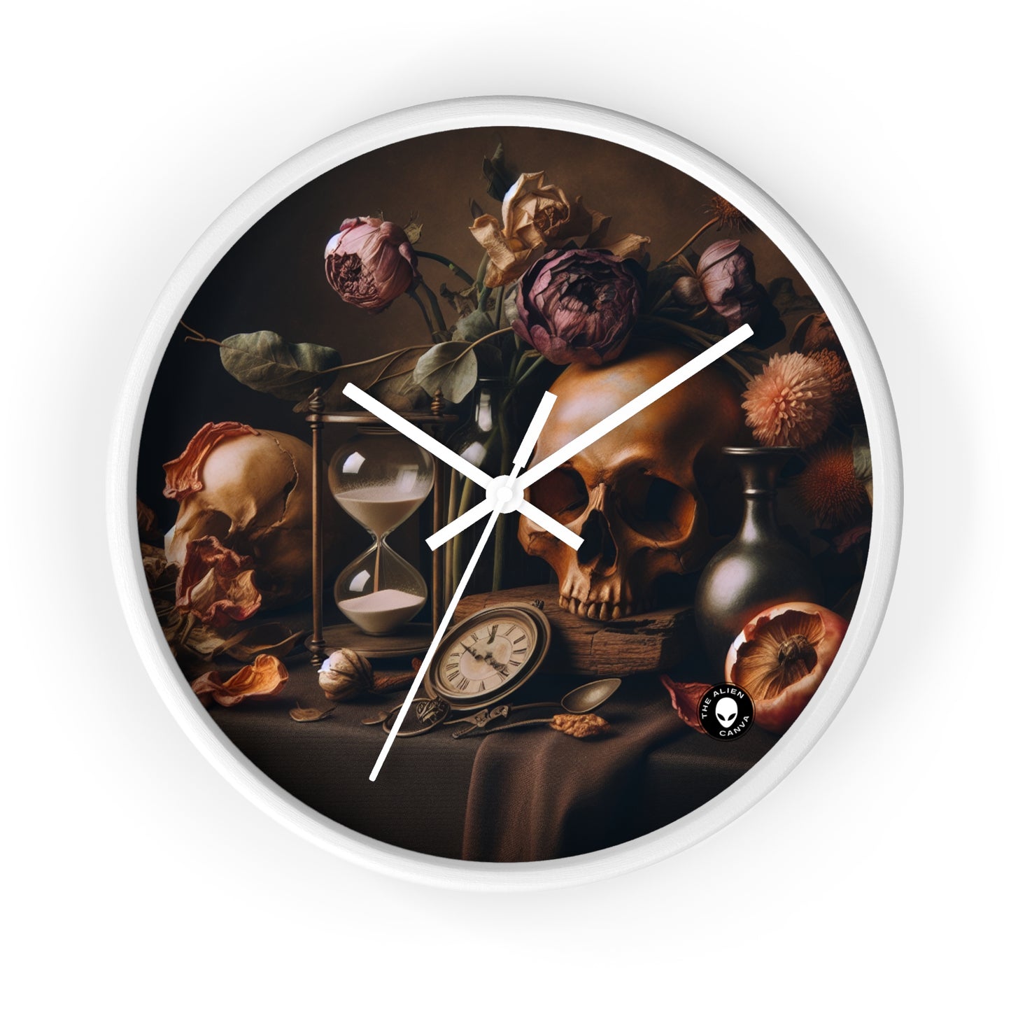 "Beauté éphémère : une peinture de Vanitas vibrante illustrant le passage du temps et la nature éphémère de la vie" - La peinture de Vanitas de l'horloge murale extraterrestre