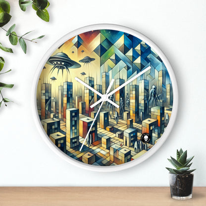 "Cubisme dans une ville futuriste envahie par des extraterrestres". - The Alien Wall Clock Une ville futuriste envahie par des extraterrestres dans un style artistique cubiste