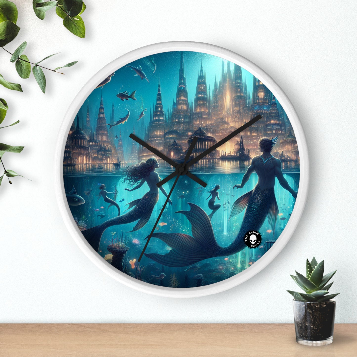 "Atlántida iluminada: una ciudad de criaturas marinas místicas" - El reloj de pared alienígena