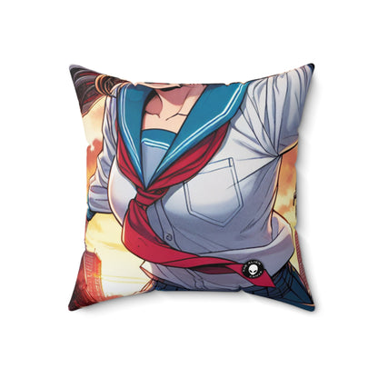 "Girl in Uniform Saves City from Invaders." - The Alien Spun Polyester Square Pillow Manga/Anime Art