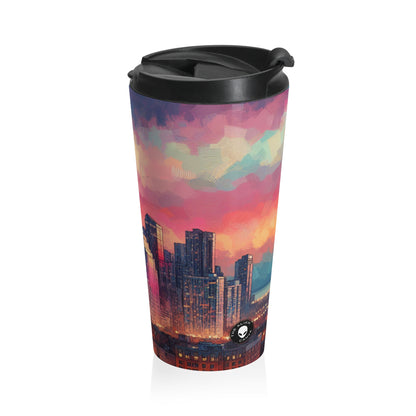 "Reflejos oscuros: horizonte de la ciudad al atardecer" - Taza de viaje de acero inoxidable The Alien