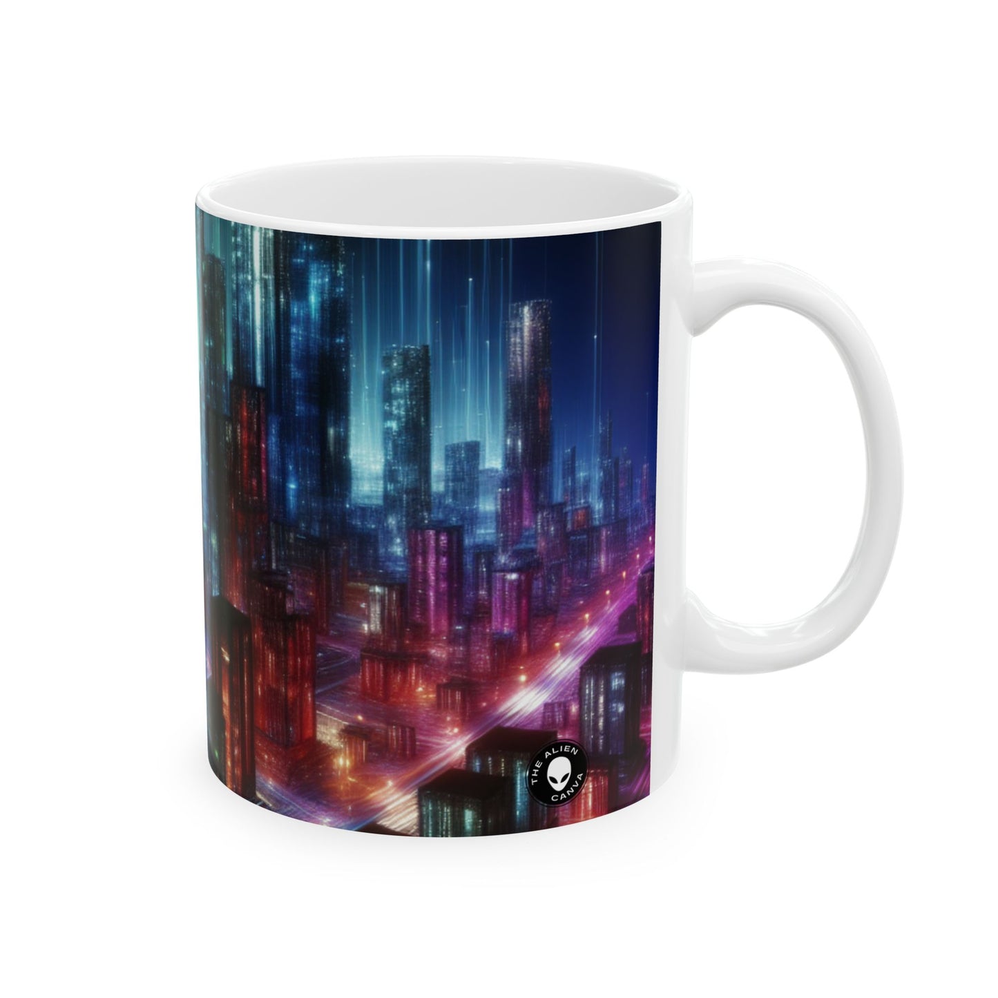 "Neon Skyline: un paisaje urbano futurista" - Taza de cerámica The Alien de 11 oz