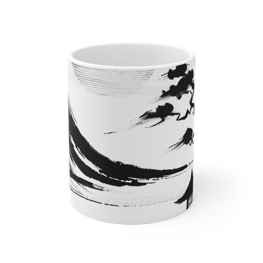 "Armonía del viento y el agua: una pintura con tinta zen" - La taza de cerámica alienígena Pintura con tinta zen de 11 oz