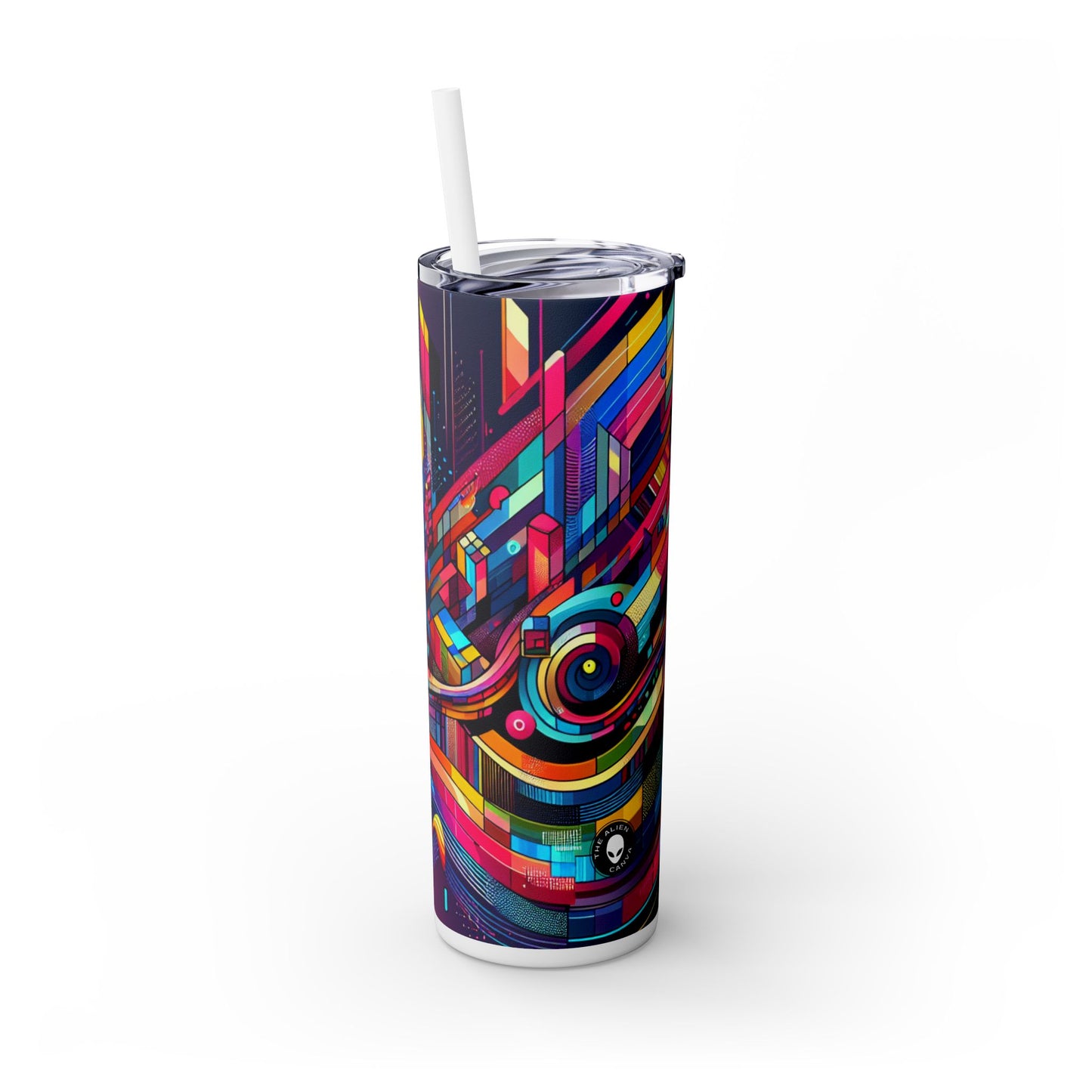 "Neon Metropolis: A Futuristic Cityscape" - The Alien Maars® Skinny Tumbler with Straw 20oz Digital Art