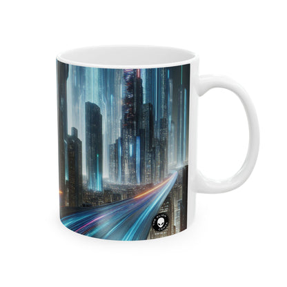 "Paisajes nocturnos de neón: una aventura urbana futurista" - Taza de cerámica alienígena de 11 oz