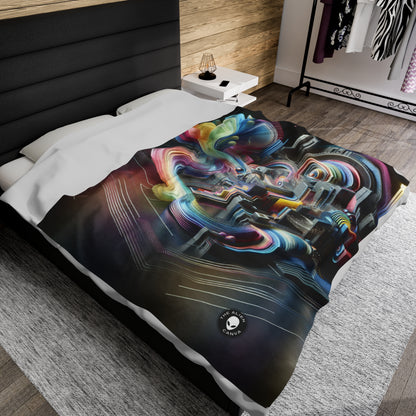 "Neon Nights: A Futuristic Urban Dream" - The Alien Velveteen Plush Blanket Digital Art