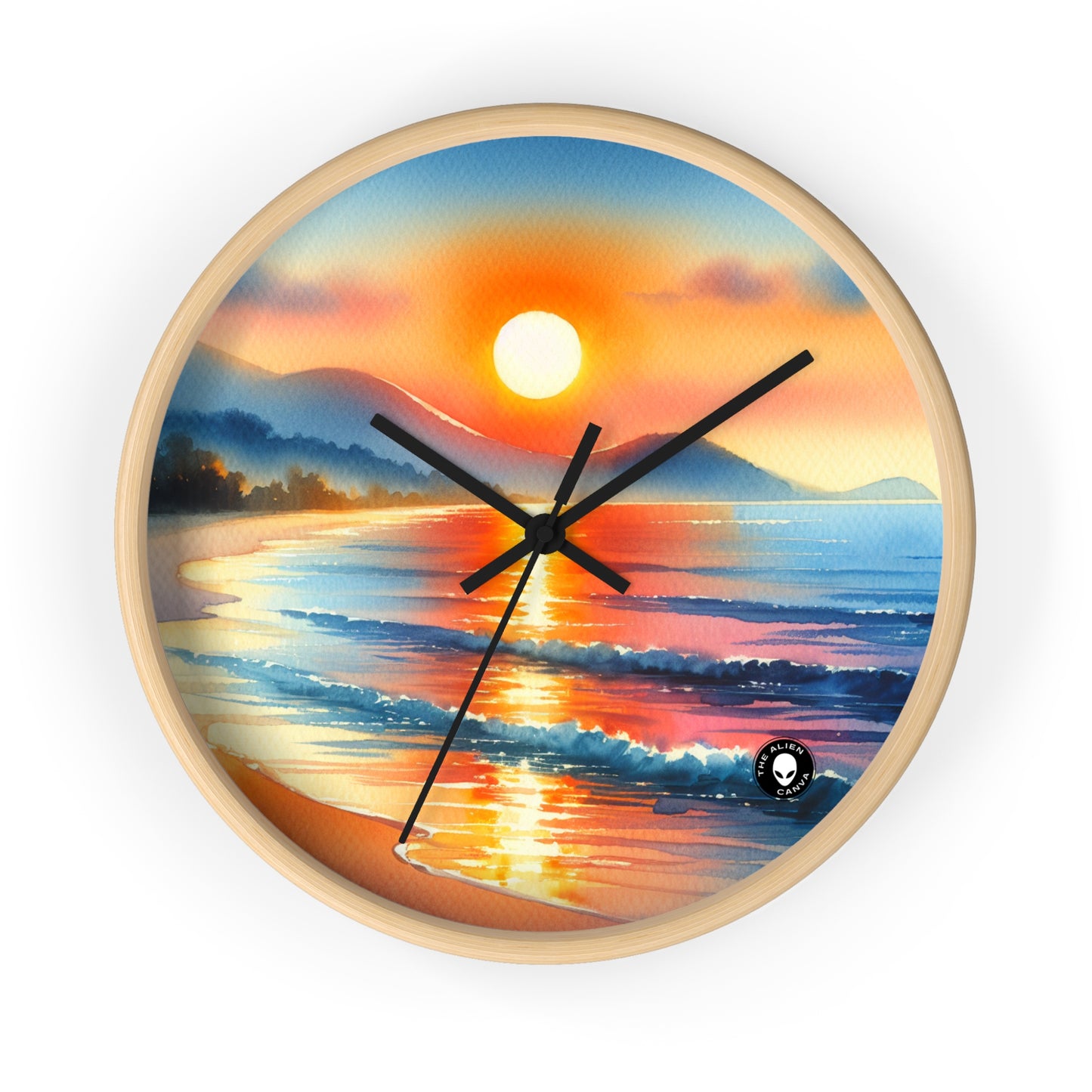 "Lever de soleil sur la plage" - La peinture à l'aquarelle de l'horloge murale extraterrestre