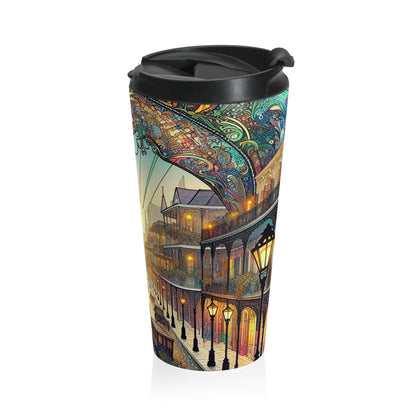 "Vivid Splendor: Una imagen del barrio francés de Nueva Orleans" - La taza de viaje de acero inoxidable Alien estilo Art Nouveau