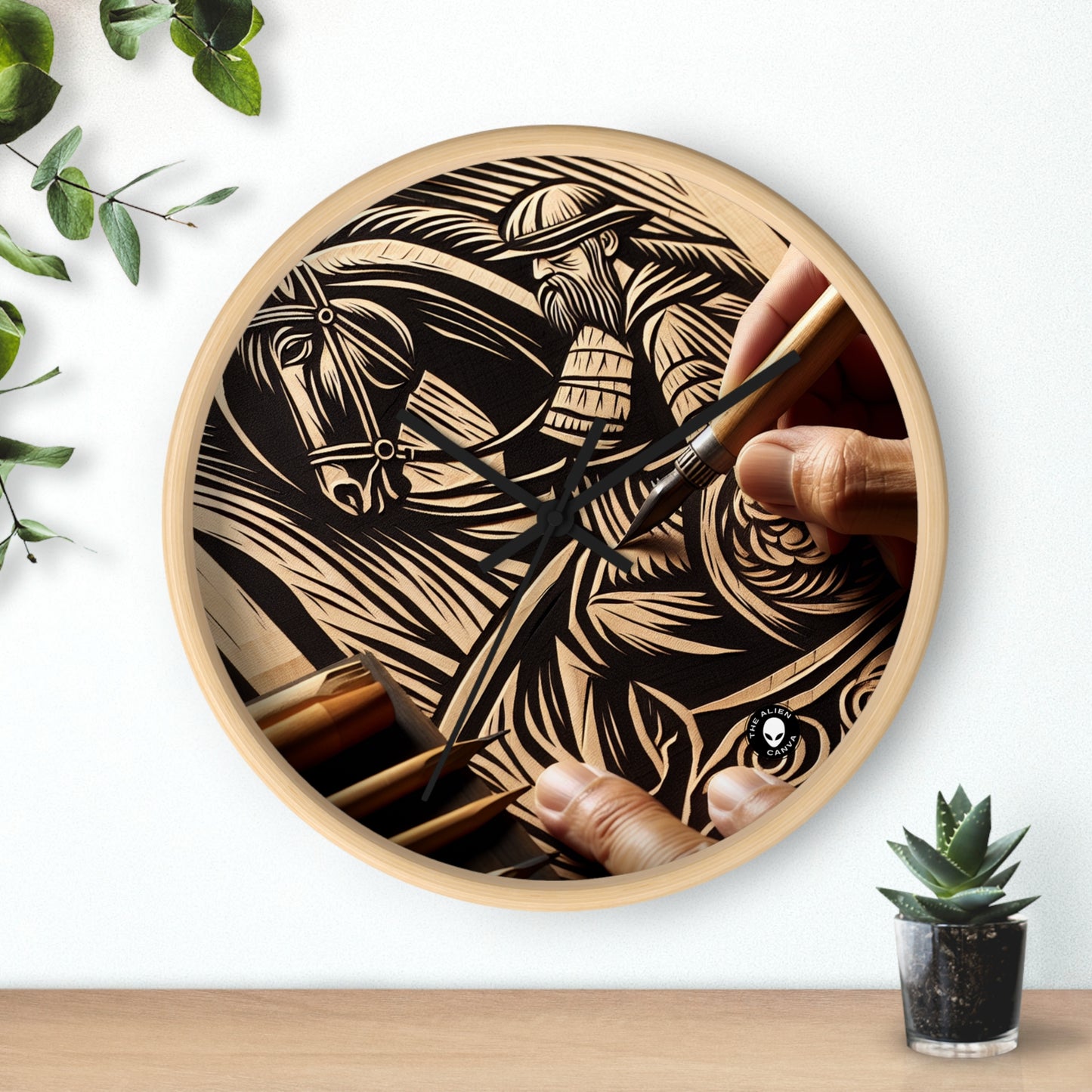 "Enchanting Shadows: A Woodcut Print of the Dancing Northern Lights" - The Alien Wall Clock Woodcut Printing