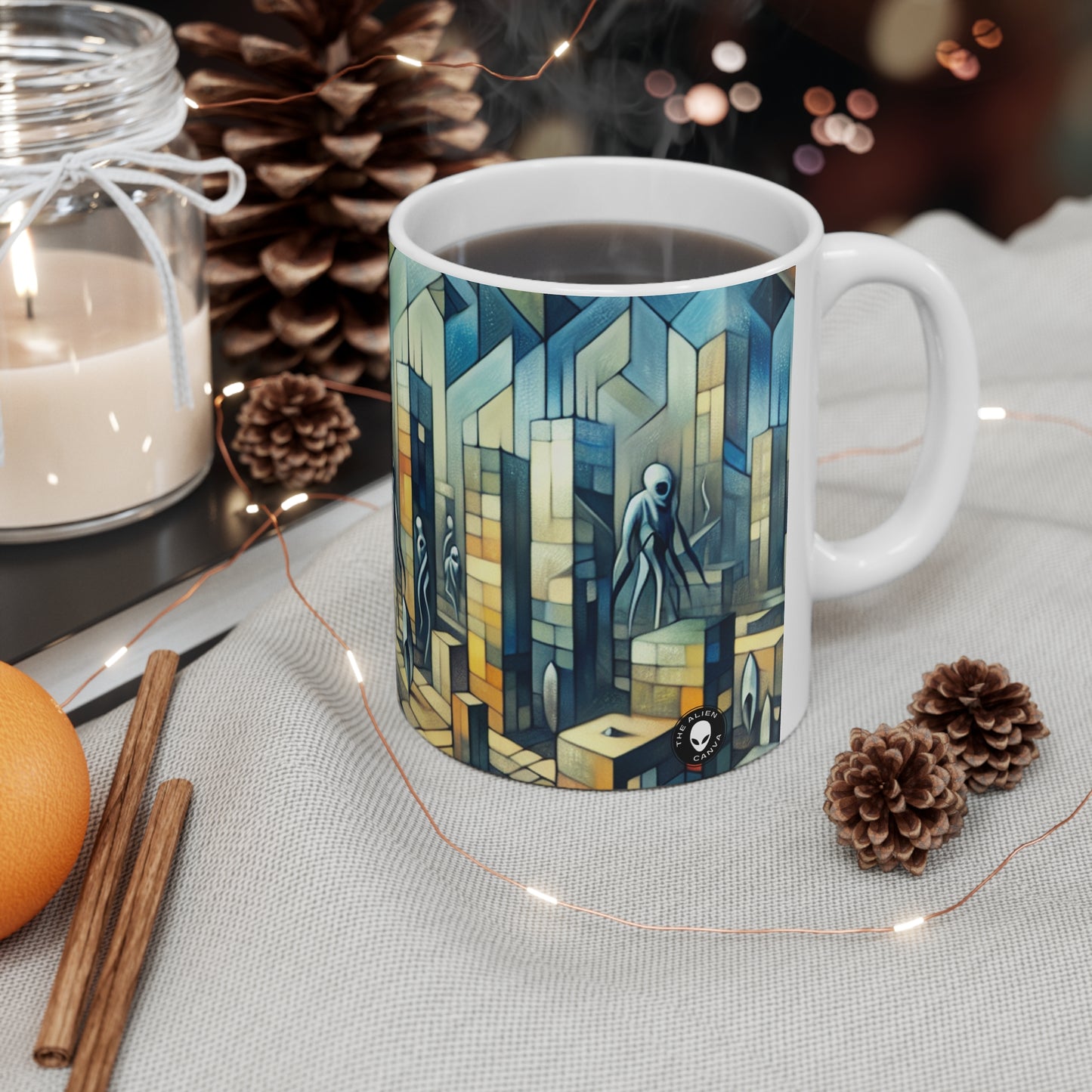 "Cubisme dans une ville futuriste envahie par des extraterrestres". - The Alien Ceramic Mug 11oz Une ville futriste envahie par des extraterrestres dans un style artistique cubiste