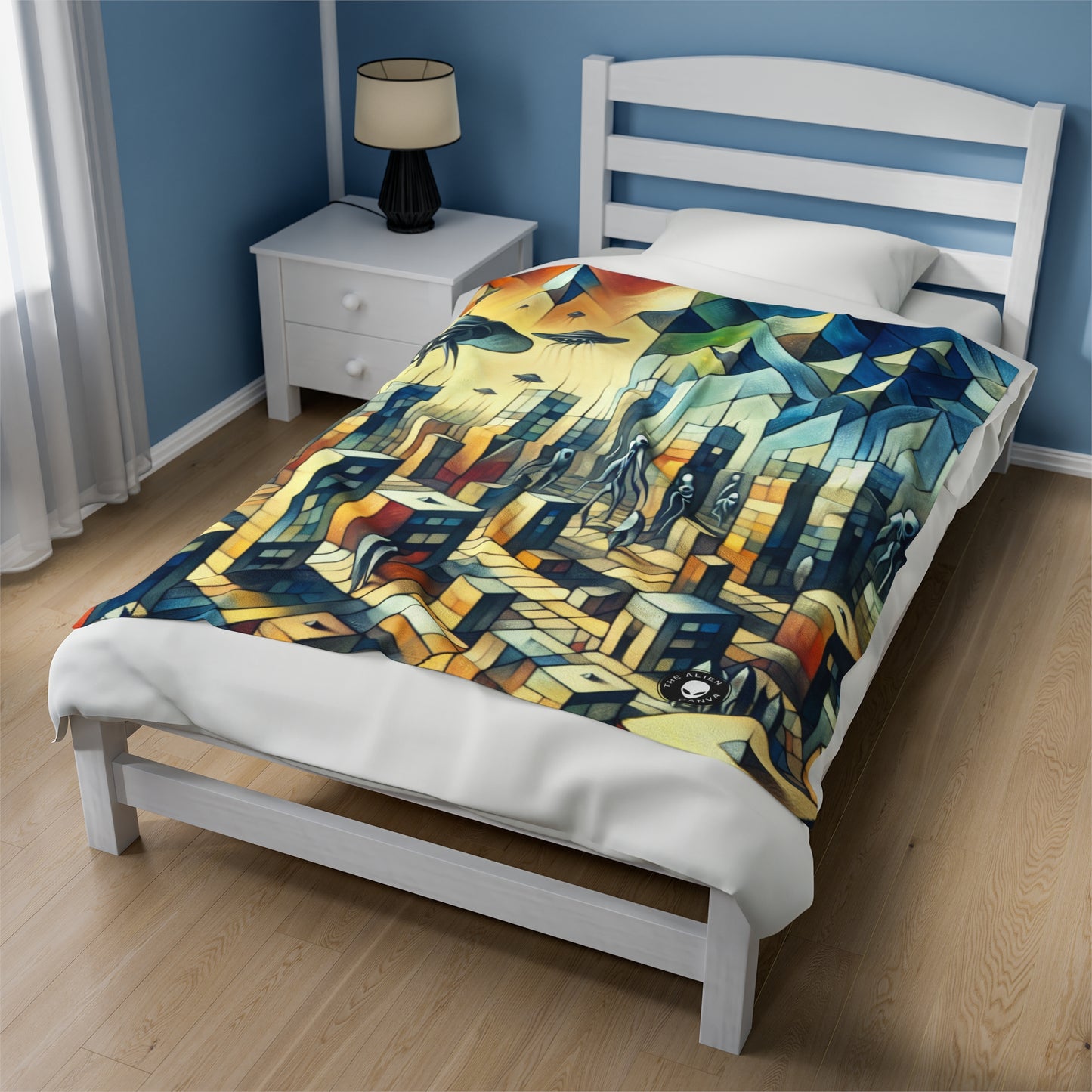 "Cubism in a Futuristic, Alien-Invaded City". - The Alien Velveteen Plush Blanket A futristic city invaded by aliens in cubism art style