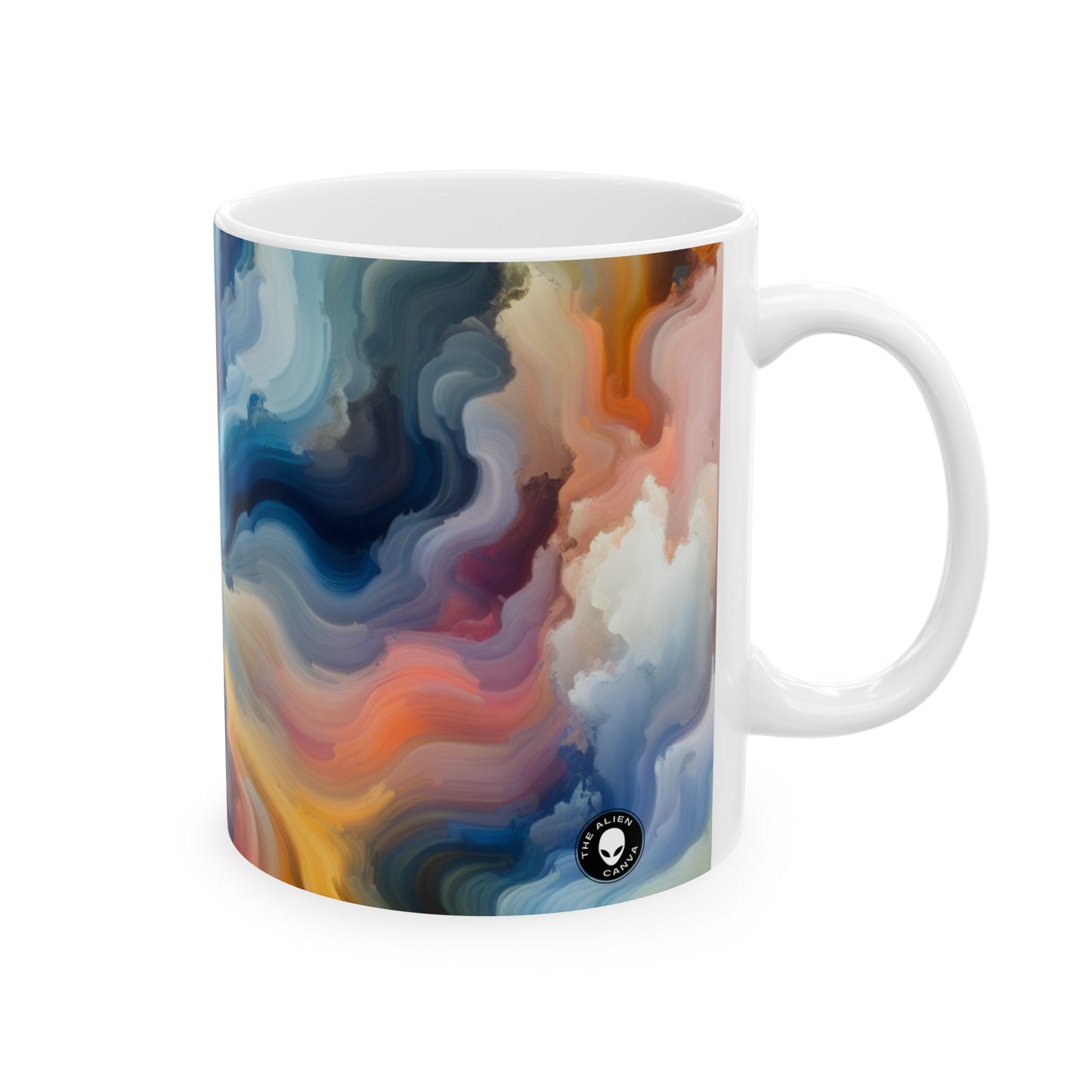 "Reflejos del atardecer: una pintura de campo de color sereno" - La taza de cerámica alienígena Pintura de campo de color de 11 oz