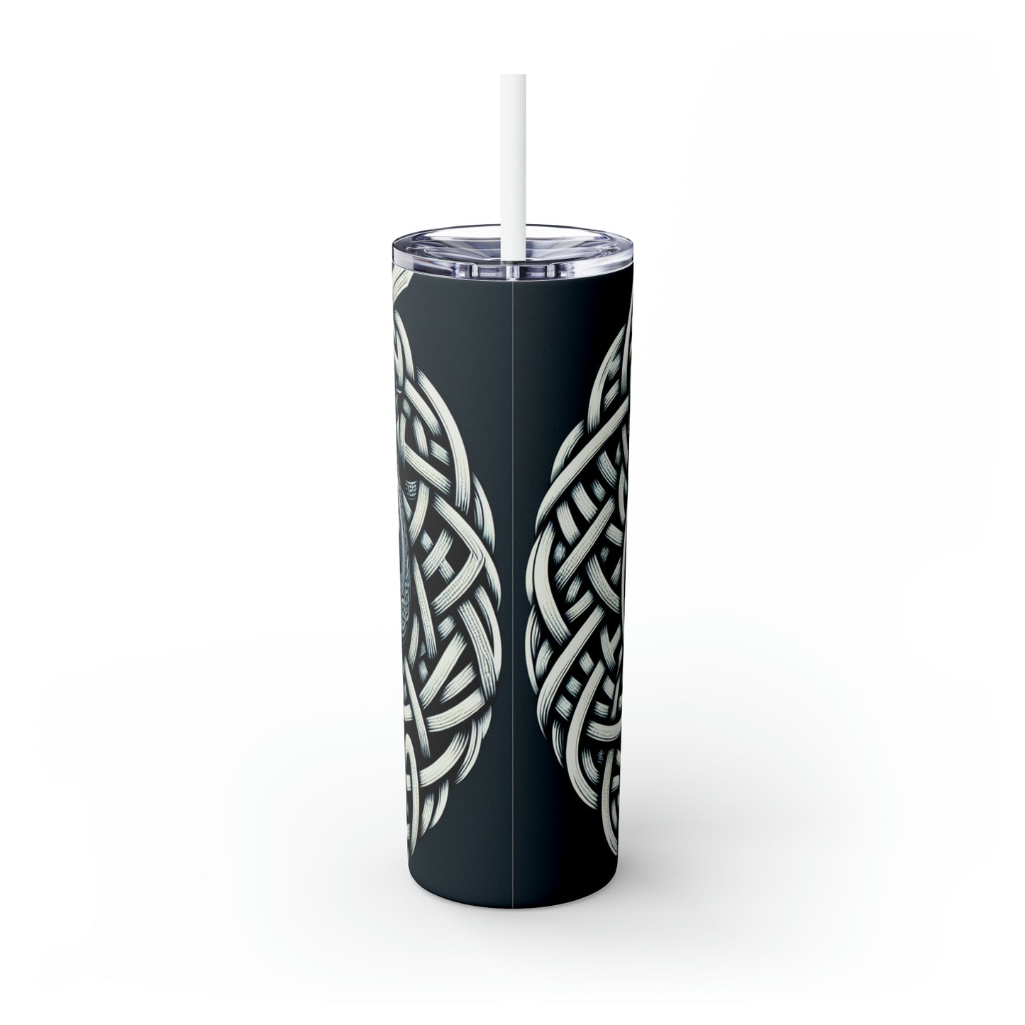 "Celtic Knight: Sword & Shield in Ancient Knots" - The Alien Maars® Skinny Tumbler with Straw 20oz Celtic Art Style