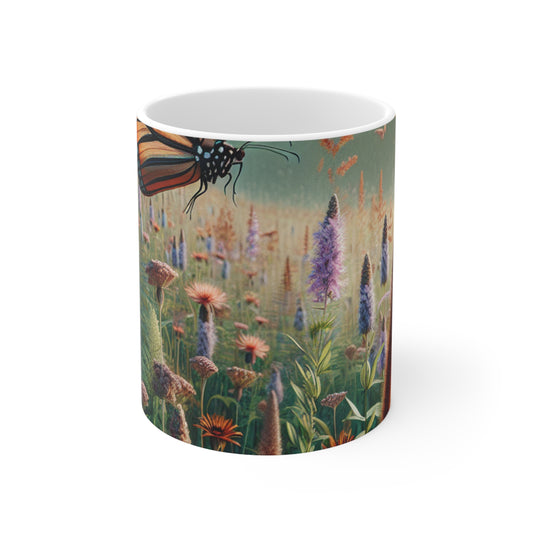 "Un monarca en el prado de flores silvestres" - La taza de cerámica alienígena estilo realismo de 11 oz