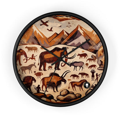 Title: "Ancient Encounter: The Battle of Giants" - The Alien Wall Clock Cave Painting