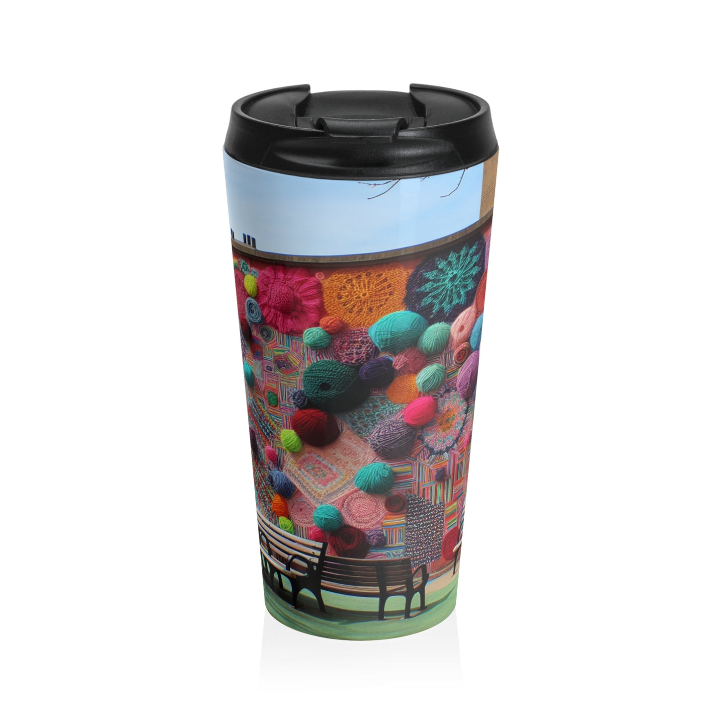 "Yarn of Joy: A Colorful Outdoor Mural" - The Alien Stainless Steel Travel Mug Yarn Bombing (Fiber Art)