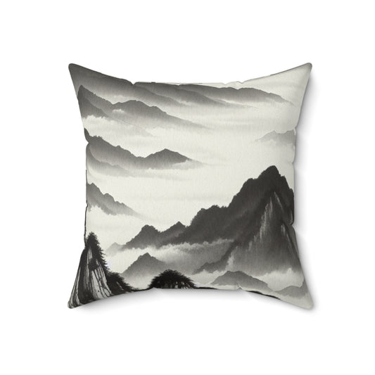 "Misty Peaks in the Fog" - The Alien Spun Polyester Square Pillow Ink Wash Painting Style