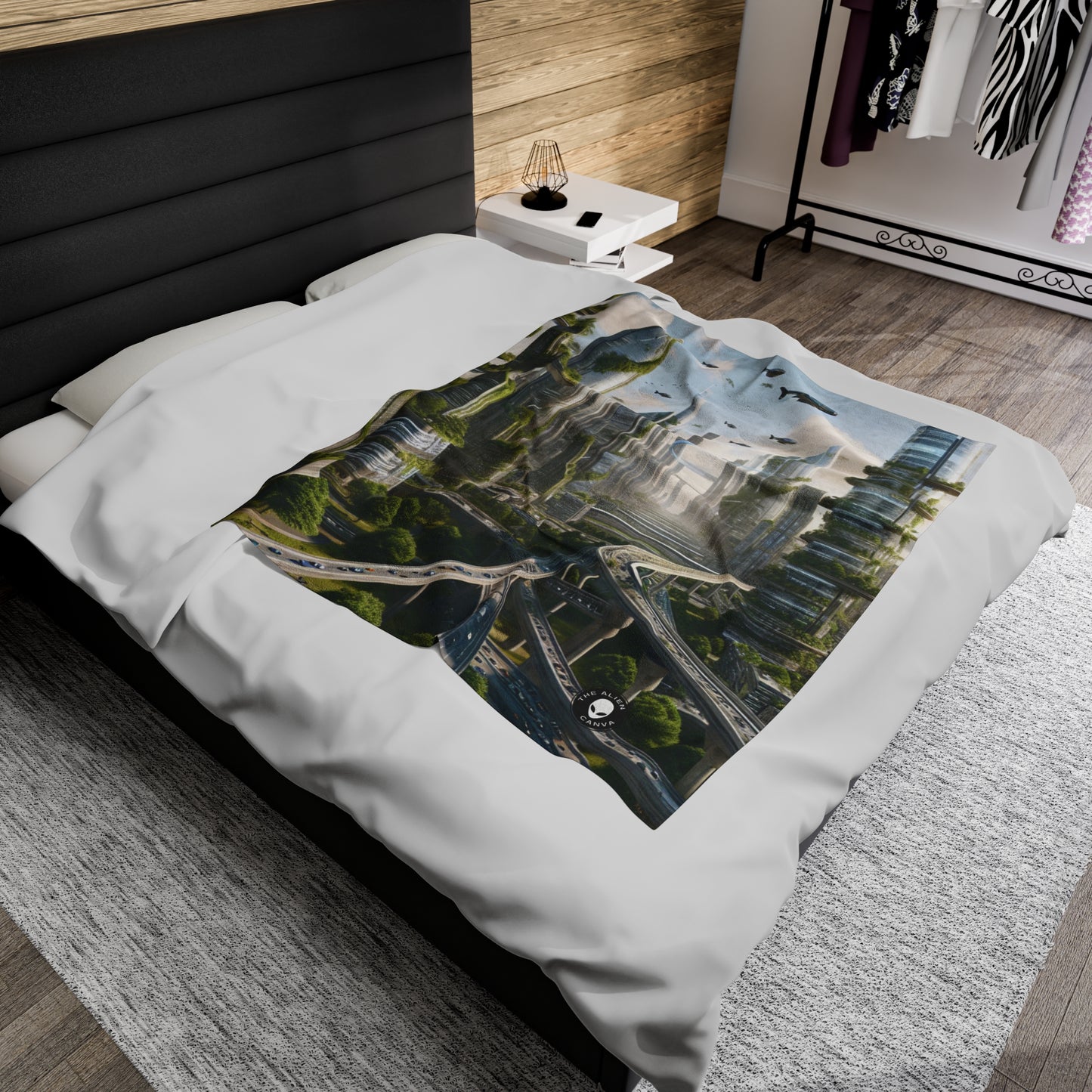 "Nature's Reclamation: A Futuristic Cityscape" - The Alien Velveteen Plush Blanket