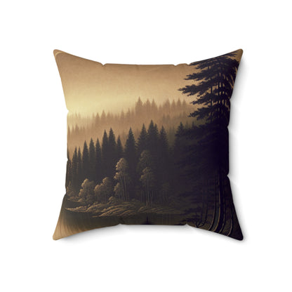 "Dawn at the Lake: A Foggy Mountain Morning" - The Alien Spun Polyester Square Pillow Tonalism Style