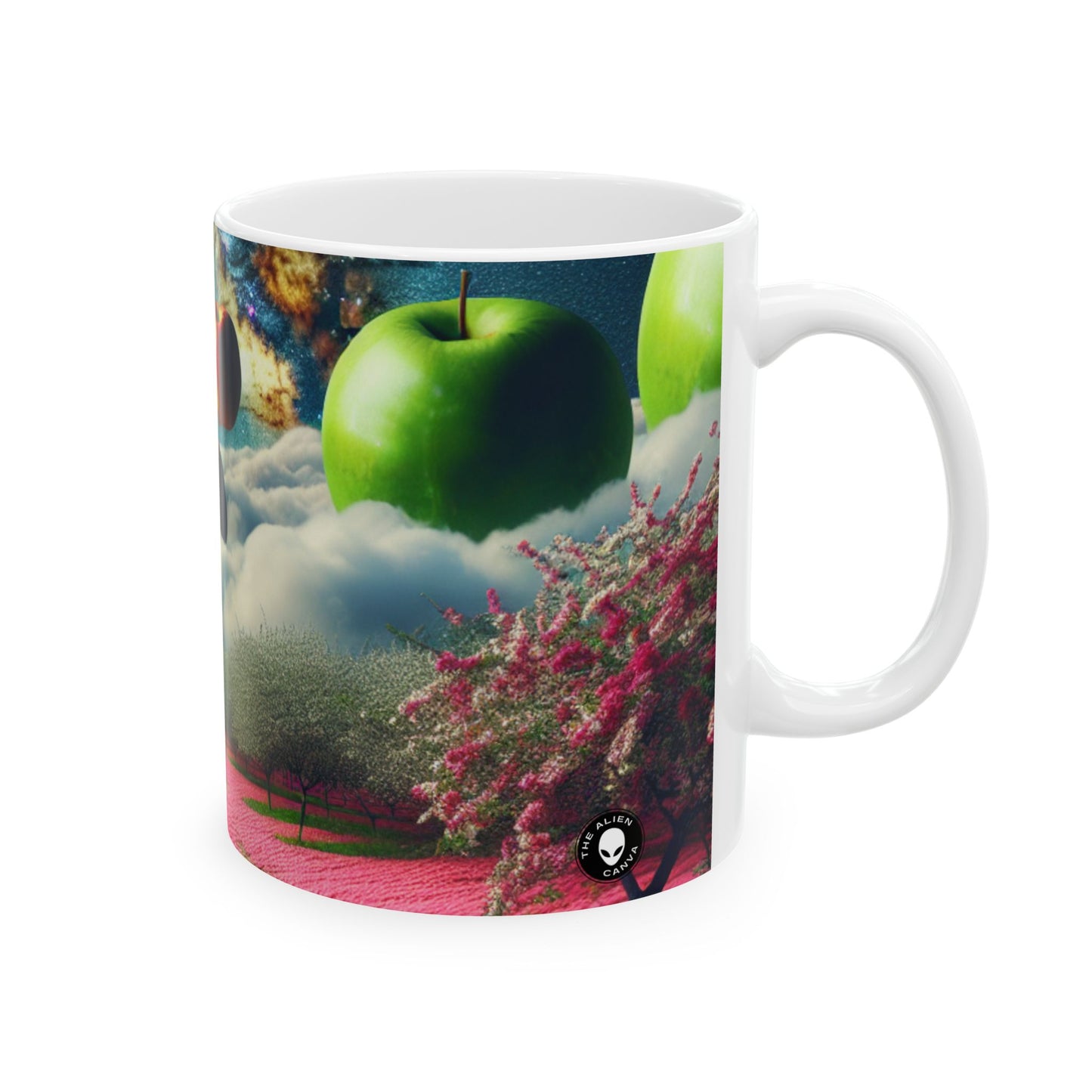 "Cielo de manzana y alfombra de flores rosas: un paisaje surrealista" - Taza de cerámica The Alien de 11 oz