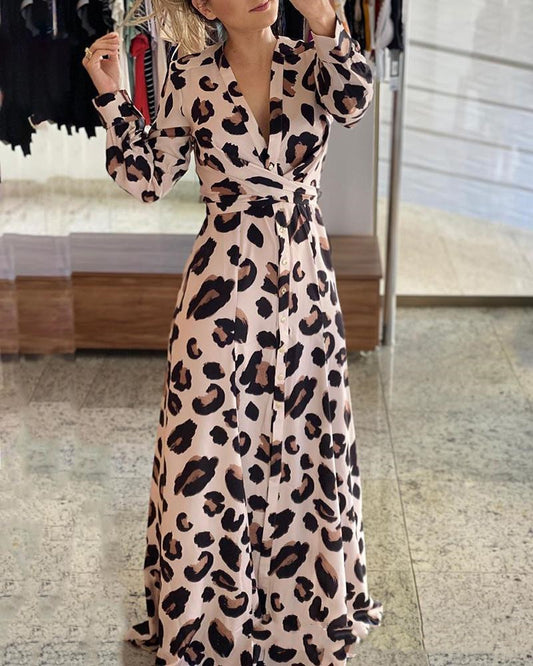 Nuevo Vestido de manga larga con estampado de leopardo