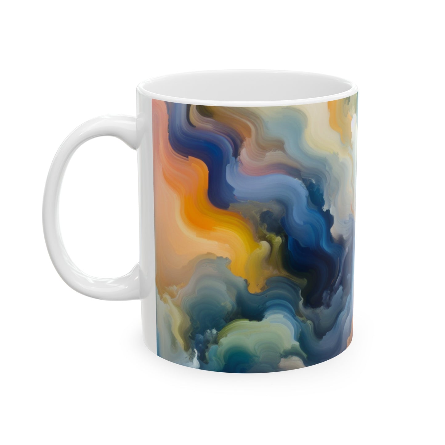 "Reflejos del atardecer: una pintura de campo de color sereno" - La taza de cerámica alienígena Pintura de campo de color de 11 oz