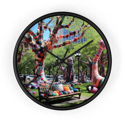 Title: "Yarnscaped City: A Whimsical Fiber Art Fusion" - The Alien Wall Clock Yarn Bombing (Fiber Art)