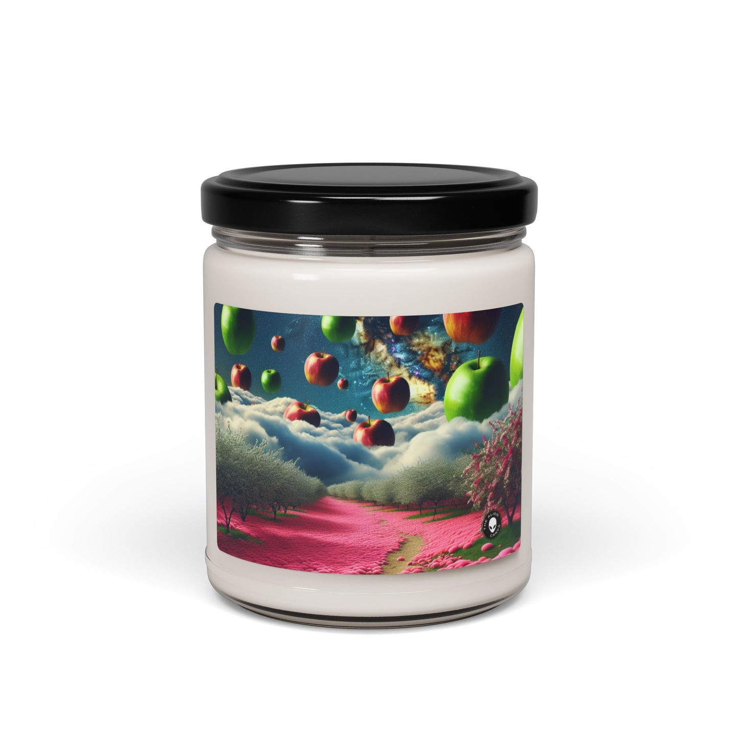 "Cielo de manzana y alfombra de flores rosas: un paisaje surrealista" - Vela de soja con aroma a alienígena de 9 oz