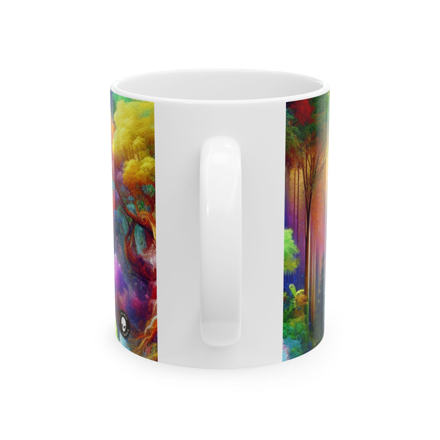 "Encantamiento resplandeciente: El castillo en el bosque colorido" - Taza de cerámica alienígena de 11 oz