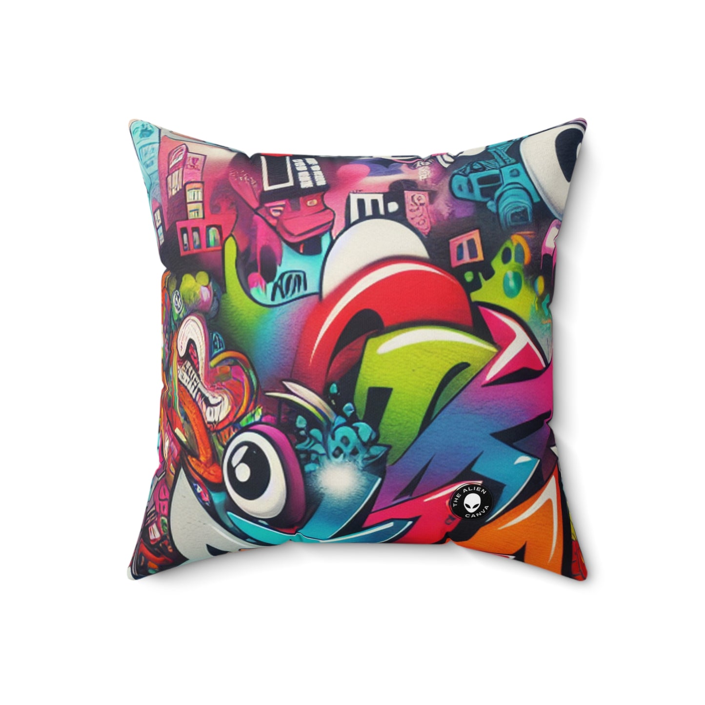 "Neon Horizon: The Vibrant Future Metropolis"- The Alien Spun Polyester Square Pillow Street Art / Graffiti