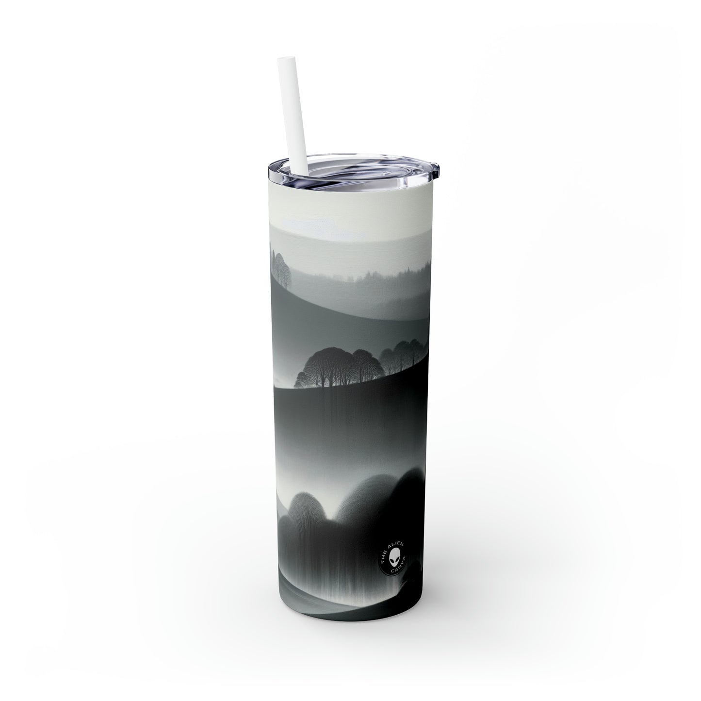 "Grey Tonalism: Hillside in Fog" - The Alien Maars® Skinny Tumbler with Straw 20oz Tonalism