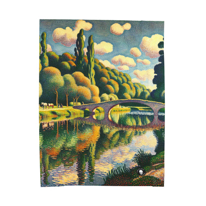 "Tranquil Sunset: A Pointillism Landscape" - The Alien Velveteen Plush Blanket Pointillism